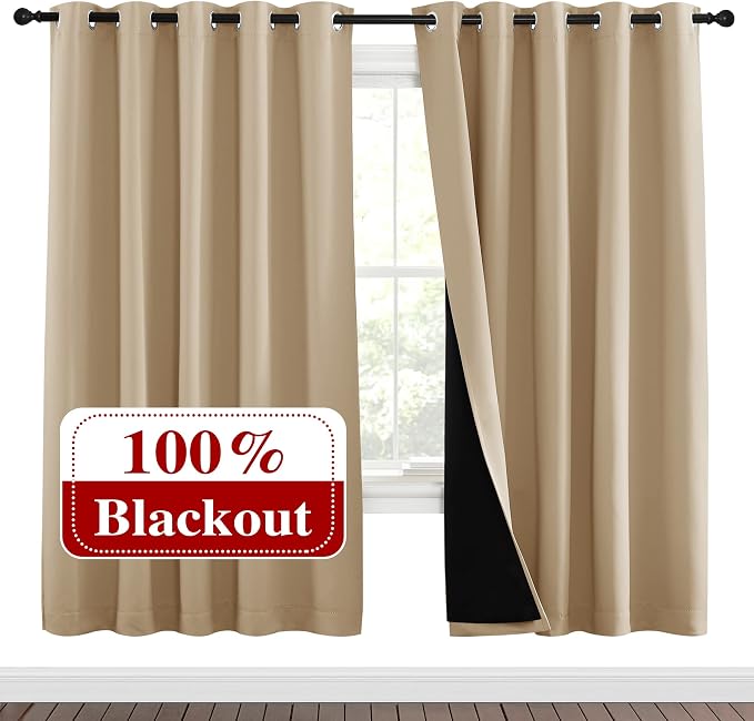 NICETOWN Living Room Completely Shaded Draperies, Privacy Protection & Noise Reducing Ring Top Drapes, Black Lined Insulated Window Treatment Curtain Panels(Biscotti Beige, 2 Pieces, W70 x L72)