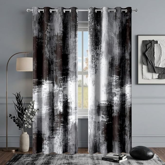 Abstract Black and Grey Blackout Curtains, Boho Retro Rust Gray Neutral Modern Geometric Darkening Thermal Insulated Grommet Light Blocking Drape Decor, 52 x 84 Inch Long 2 Panels