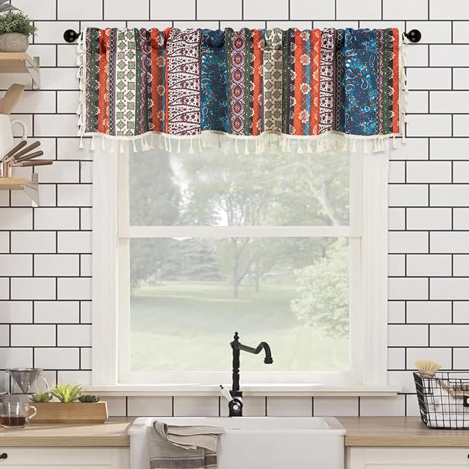 VOGOL Boho Semi Blackout Kitchen Valances, Striped Geo Pattern Decorative Window Treatments with Tassel, 1 Panel Rod Pocket Valance for Bathroom, 52 x 12 Inches