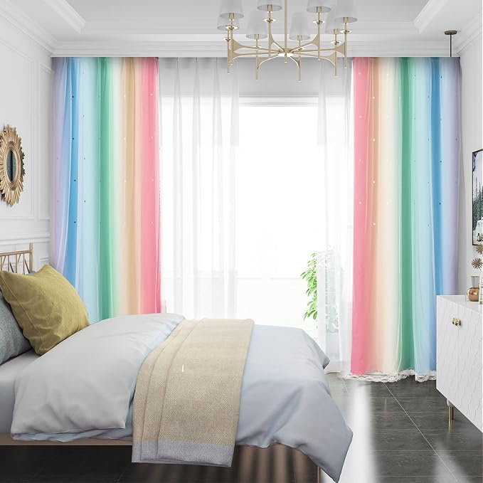 UNISTAR 2 Panels Blackout Stars Curtains for Girls Bedroom Kids Aesthetic Living Room Decor Colorful Double Layer Star Cut Out Stripe Window Wall Home Decoration Curtain,W52 x L84 Inches, Rainbow
