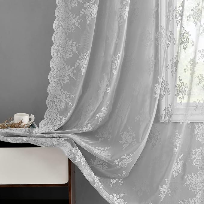 Kotile Grey Pattern Sheer Curtains 63 Inch Long, Country Rustic Floral Embroidered Grey Lace Curtains for Bedroom, Rod Pocket Privacy Vintage Scalloped Lace Curtain 2 Panels, 52 x 63 Inch