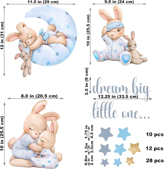 Blue Bunny Wall Decals, Baby Boy Room Rabbit Wall Decor, Animal Stickers for Kids Playroom, Toddler Bedroom and Nursery Decoration, Removable Vinyl Decals, Peel and Stick, Moon, Stars.