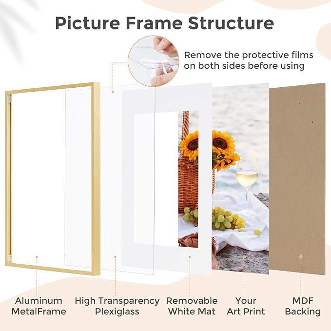 FLYJOE 12x12 Frame - Metal Square Picture Frame With Plexiglass | 12x12 Frame With Mat for 10x10 | Minimalist Modern Poster Frame Horizontal & Vertical formats | Hanging Hardware Included | Gold