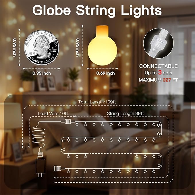 suddus 109ft Connectable Globe String Lights Plug in Remote Warm White | 300 Led Hanging Fairy Lights With Timer,String Lights for Bedroom for Bedroom, Dorm, Classroom,Indoor,Outdoor Decor