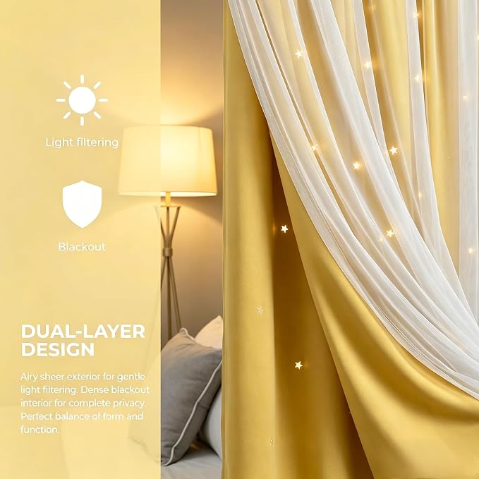 Kids Blackout Curtains for Bedroom/Living Room/Classroom, Sheer Overlay Extra Long 2 Panel Set, Double Layer Curtains with Star Cutout for Kids Room(W 52 x L 108 Inches,Yellow 2 Pcs)