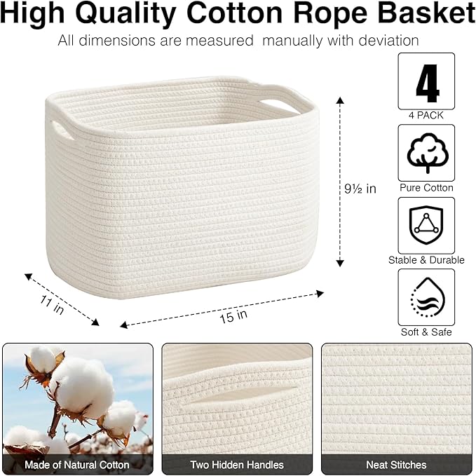 ICERZCZ Storage Baskets for Organizing & Shelves, Woven Cotton Rope Organization Bins for Dog Toys, Clothes, Books, Nursery Organizer, 15" Lx11''Wx9.5''H, (4 Packs) Off White