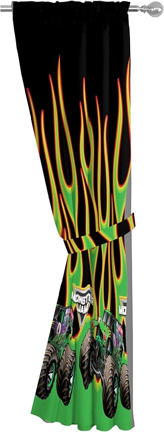 Sunny Side Up Window Curtains for Kids Bedroom 4-Piece Drape Set with 2 Tiebacks, Black - Monster Jam, 42" W x 84" L (Pack of 2)