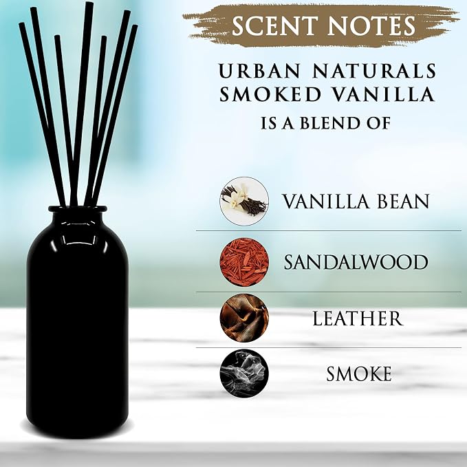 Urban Naturals Reed Diffuser Set, Smoked Vanilla - Bathroom Shelf Décor | Vanilla Bean, Sandalwood & Leather, Made in the USA