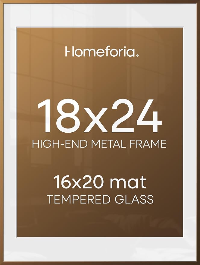 Homeforia Picture 18x24 Bronze Frame, High End Metal 18x24 Brass Poster Frames with Mat 16x20 for Photo, 18 x 24 Frame Matted to 16 x 20 Print, 24x18 Hanging Frames, Tempered Glass, Wall Kit, Set of 3