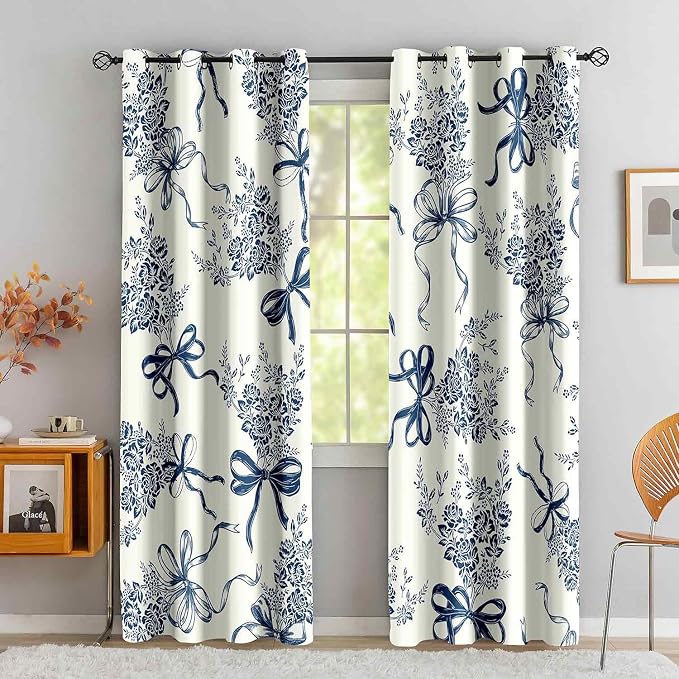 LUVIVIHOME Bow Curtains, Cute Floral Blackout Curtains for Girls Bedroom Living Room, Modern Aesthetic Bowknot Girly Room Decor, Grommet Window Drapes 2 Panel Sets, 52x84 Inch