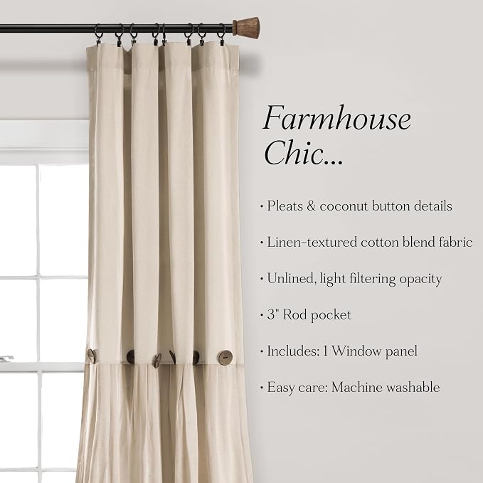 Lush Decor Linen Button Window Curtain Panel, Single, 40" W x 108" L, Dark Linen - Country Curtains - Rustic Decor - Color Block Modern Farmhouse Curtains For Living Room, Bedroom & Dining Room
