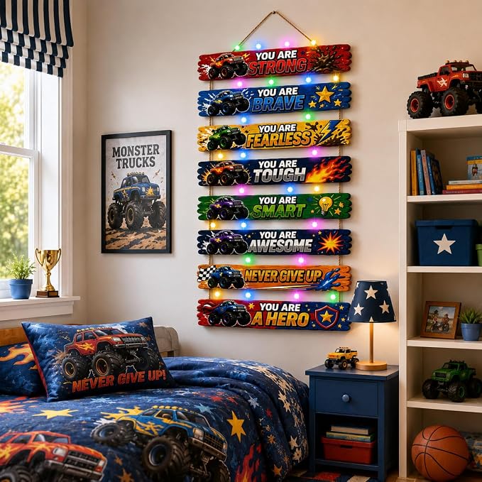 Cool Monster Truck Room Decor Set of 8 with Led Light for Teen Boys Kids Toddler, Inspirational Race Car Wood Sign Nursery Wall Decor for Bedroom, Truck Lamp Wall Decor Art