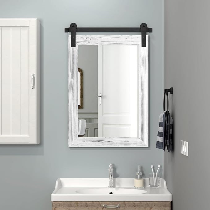 COGOOD Farmhouse Bathroom Mirror - 30 x 22 Rustic Wood Framed Wall Barn Door Mirror for Entryway, Living Room, Vanity Wall Decor (White)