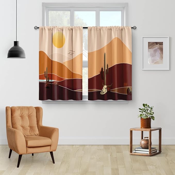 Aimego Boho Mountain Cactus Kitchen Curtains - Minimalist Abstract Mid Century Modern Sunset Plant Art Short Tier Curtains Decor for Dining Room Rod Pocket Window Drapes 2 Panels Set 28"x30"