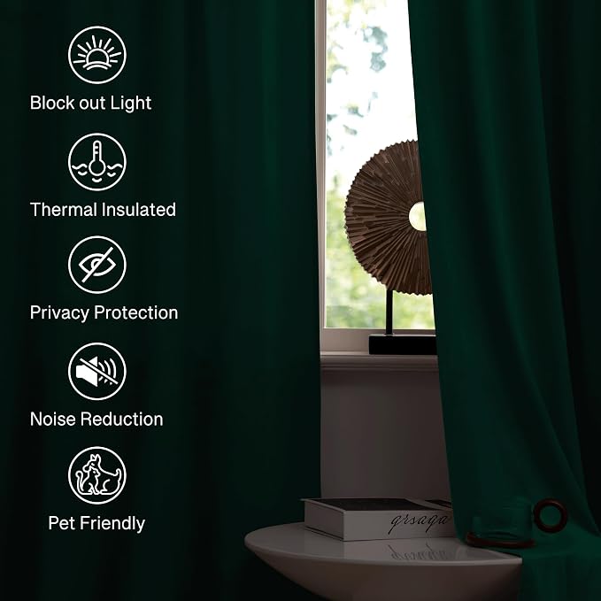 StangH Emerald Green Velvet Curtains 108 inches Rod Pocket, 2 Panels | 300GSM Rich Velvet, Holiday Christmas Decor, Thermal Insulated, Privacy Protect, Noise Absorb, Living Room