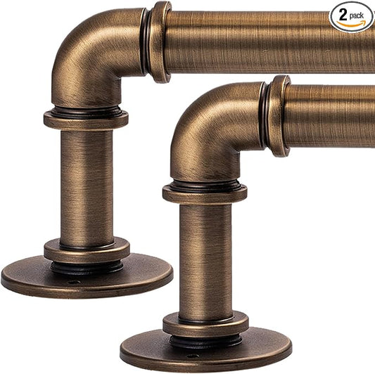 2PCS Industrial Curtain Rods 18 to 120 Inches,Adjustable Length,1 in Diameter Pipe,Wall or Ceiling Mounted,for Bedroom and Living Room(Antique Brass 18”to 120”2PCS)