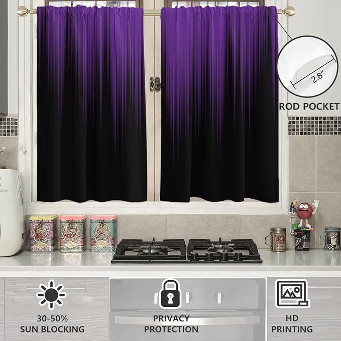 AAtter Purple and Black Ombre Kitchen Window Curtains 27.5" W x 45" L, Modern Gradient Abstract Small Bathroom Tiers with Rod Pocket, 2 Panels
