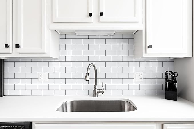 StyloVue Peel and Stick Backsplash for Kitchen, 3" x 6" PVC Subway Tile Upgraded Backsplash Stick on Tile Elevate Kitchen, Bathroom, Fireplace,RV - 4 Pieces Glossy White with Dark Gray Grout