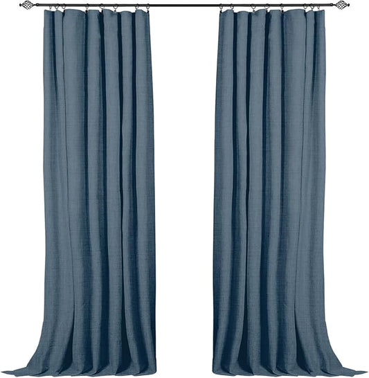 100% Blackout Shield Full Blackout Curtains for Bedroom 102 inch Length 2 Panels Set, Clip Rings/Rod Pocket Faux Linen Black Out Curtains for Living Room, Thermal Insulated, 50Wx102L, Stone Blue