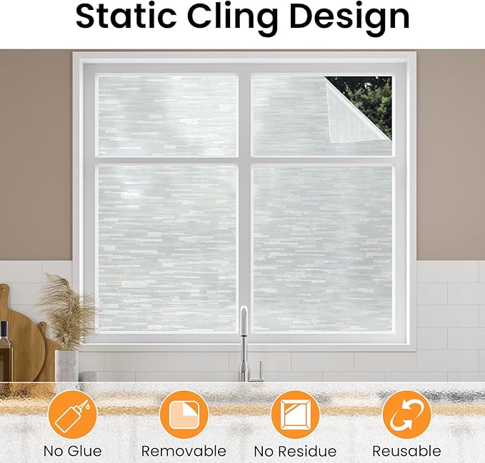 Haton Window Privacy Film, Frosted Glass Static Cling Sun Heat Blocking Window Clings, Frosting Opaque Coverings Stickers Tint for Home Office Door, Non Adhesive, White 17.5" x 78.7"