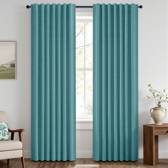 MIULEE 100% Blackout Linen Curtains for Bedroom, Teal Solid Luxury Decor Thermal Insulation Room Darkening Drapes for Living Room Back Tab Rod Pocket 42 x 90 Inches, 2 Panels