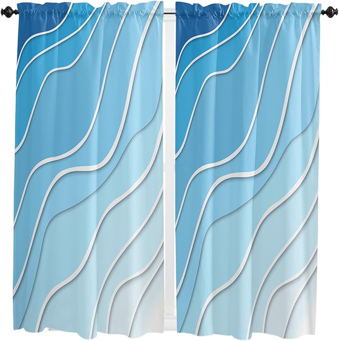 63 Inch Long Tier Curtains for Kitchen, Blue Ombre Abstract Sea Water Bathroom Window Curtains Rod Pocket Short Curtains Window Treatment Tiers for Living Room Farmhouse 2 Panels