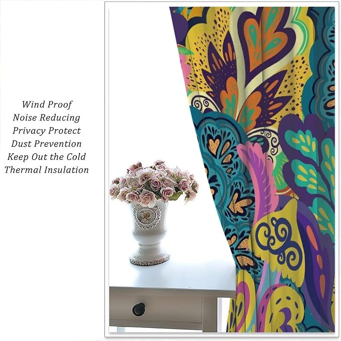 Bohemian-Style Floral Blackout Curtains with Psychedelic Abstract Paisley Print for Bedrooms, Living Rooms, and Kitchens63X63 Inch