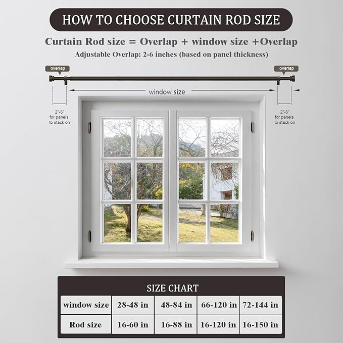 Oneach Brown Curtain Rods for Windows 28 to 48 Inch, 1 Inch Pole Adjustable Length Heavy Duty Metal Curtain Rod Set, for Outdoor Bedroom Kitchen Living Room (16 to 60 Inch)