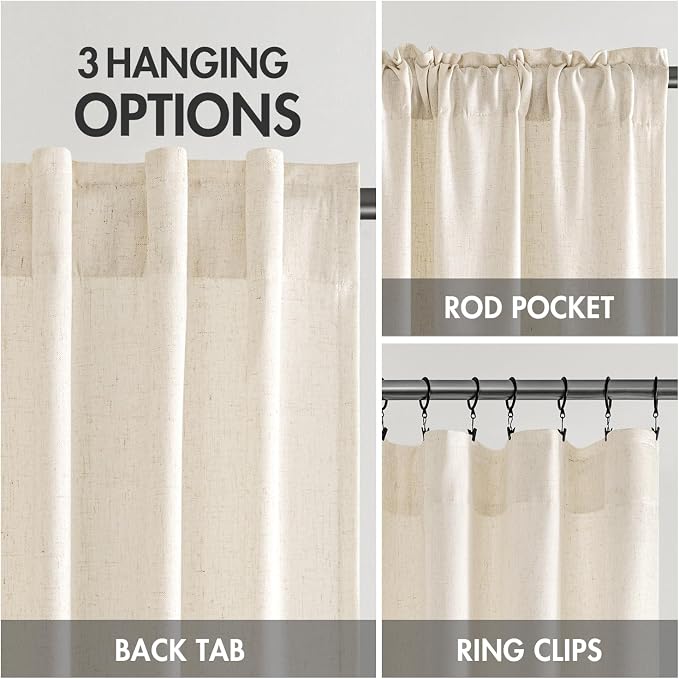 MIULEE Non-See-Through Privacy Linen Curtains 2 Panels, Light Filtering Window Curtains Farmhouse Textured Back Tab Semi Sheer Drapes for Bedroom Living Room, 52 x 72 Inches Long, Cream Ivory