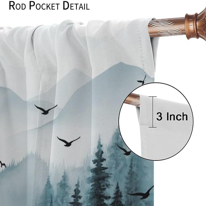 Forest Blackout Curtains for Kitchen Retro Natural Countryside Mist Blue Watercolor Mountain Forest Tree Theme Print Windows Treatments for Boys Girls Bedroom Living Room 52x96in