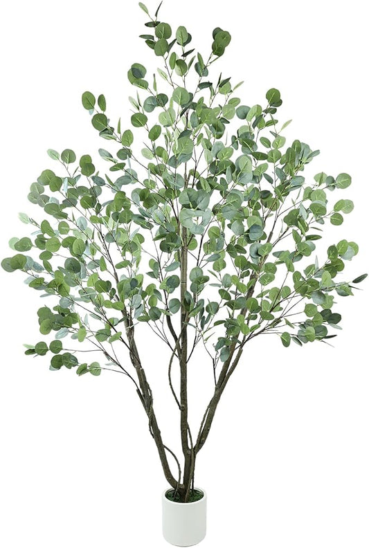 Caxchiling Large Artificial Eucalyptus Tree 6FT, Fake Tree for Indoor Outdoor, Lifelike Faux Floor Plants with Heavy Trunk with Vines and Moss Topper, Home Office Decor for Living Room Bedroom Doorway