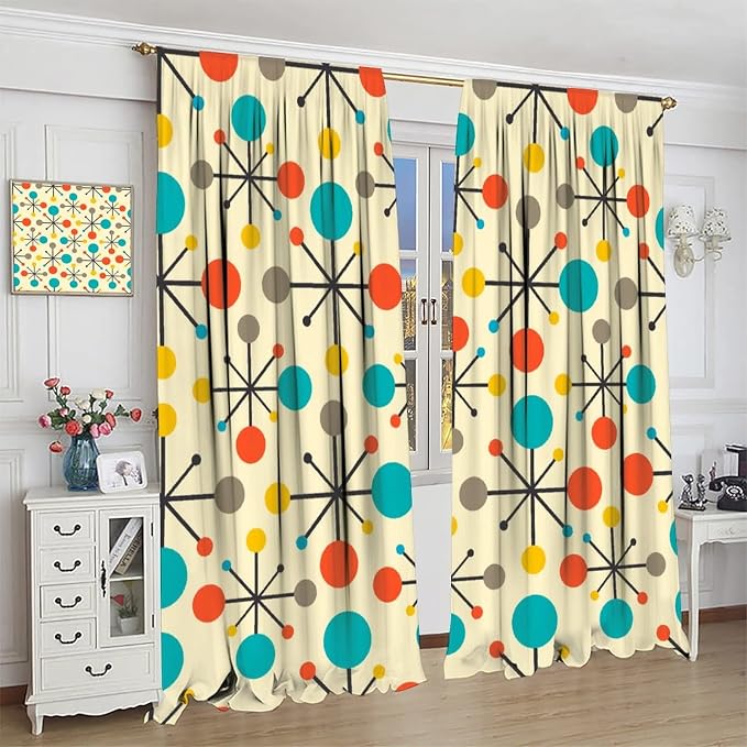 JESTRONRY Mid Century Curtains,Mid Century Fifties Modern Retro Colors Pattern Blackout Rod Pocket Window Drapes for Living Room Bedroom Kitchen Bathroom Home Decor 72x63in