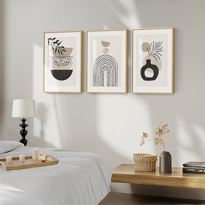 Framed Neutral Boho Wall Art Bedroom, 3 Piece Beige Mid Century Modern Paintings Prints Artwork for Walls, Large Bohemian Geometric Pictures for Living Room, Home Office Kitchen Wall Decor, 16x24 Inch