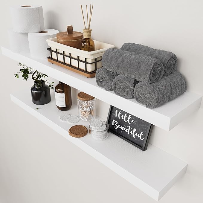 Solid Wood Floating Shelves for Wall 36 Inches Long, White Wooden Shelf | Real Wood, Wall Mounted, Heavy Duty Shelf 36 Inch Large, Bathroom Bedroom Kitchen Rustic, White Finish, 36W × 6.7D, Set of 2