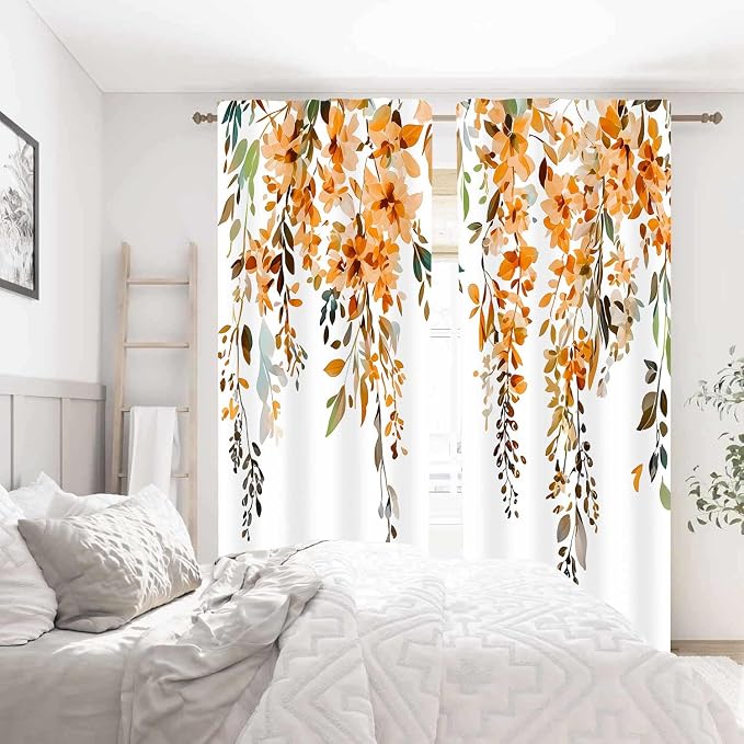 Orange Watercolor Floral Curtains, Botanical Leaves Vine Flowers Curtain, Rustic Farmhouse Flower Leaf Blackout Window Treatment Drapes for Bedroom Living Room 52x90 inch, 2 Panels