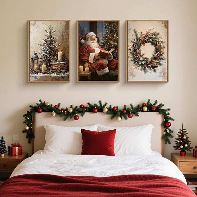 HOURIA Vintage Christmas Tree Santa Claus Framed Canvas Wall Art Set,Rustic Pinecone Wreath Berries Wall Decor,Retro Winter Cozy Night Candle Light Artwork for Living Room,Xmas 24 x36 x3