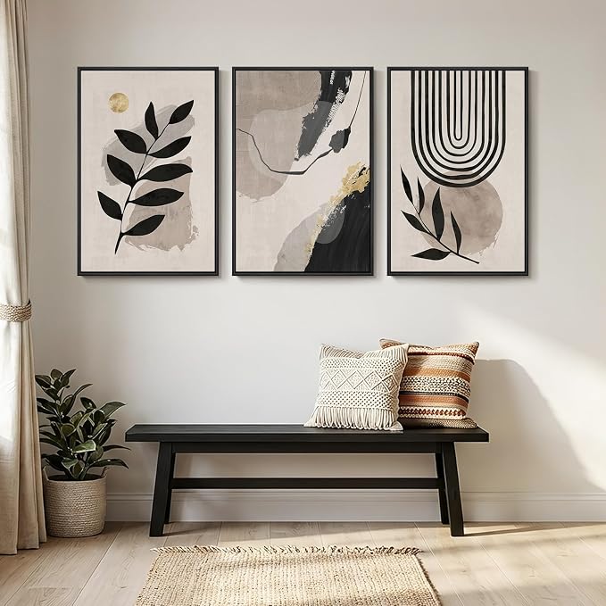 3 Piece Framed Black and White Boho Wall Art for Living Room, Large Abstract Botanical Plant Canvas Prints Paintings, Minimalist Leaf and Geometric Artwork for Dining Room Bedroom 24x36 Inch