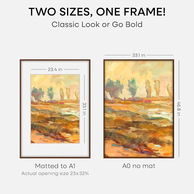 Homeforia A0 Poster Frame Brown, High End Dark Oak 33.1 x 46.8 Wooden Picture Frames Matted to 23.4 by 33.1 Photo, A0 Walnut Wood Frame with Mat A1, 33.1x46.8 Frame, Tempered Glass, Wall Kit, Set of 1