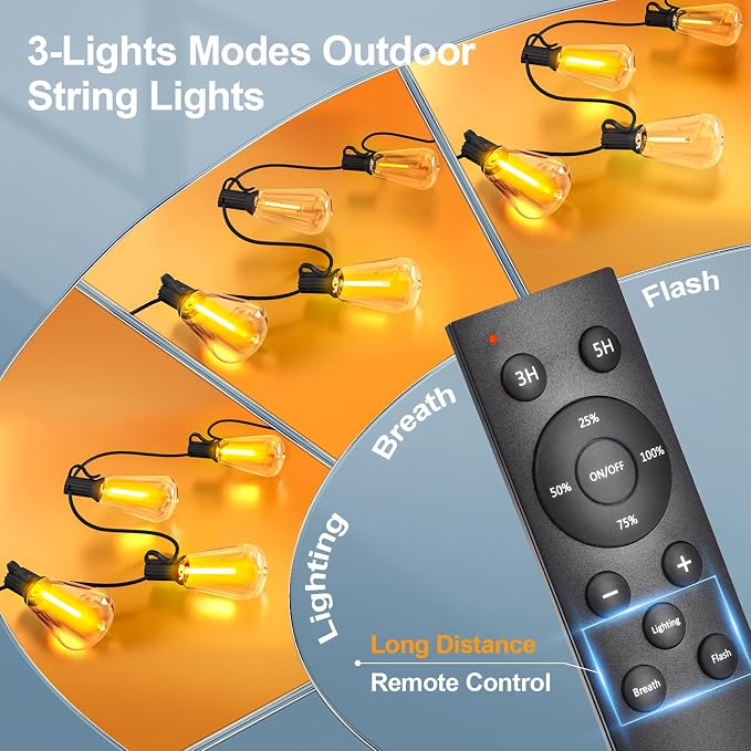 Outdoor Lights String Patio Outside - 100ft 30M LED Waterproof Light - Hanging Lighting ST38 Shatterproof Edison Bulb Deck Backyard Gazebo Balcony Party Bistro Cafe Pergola Garden Yard Porch Dimmable