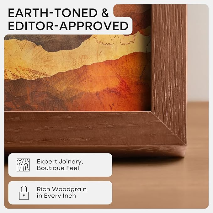 Homeforia 8.5x11 Picture Frame Brown, High End Dark Oak 8.5 x 11 Walnut Wooden Frames with Mat 6 by 8 Photo, 11x8.5 Wood Frame Matted to 6x8, Wall or Tabletop Frame, Tempered Glass, Wall Kit, Set of 3