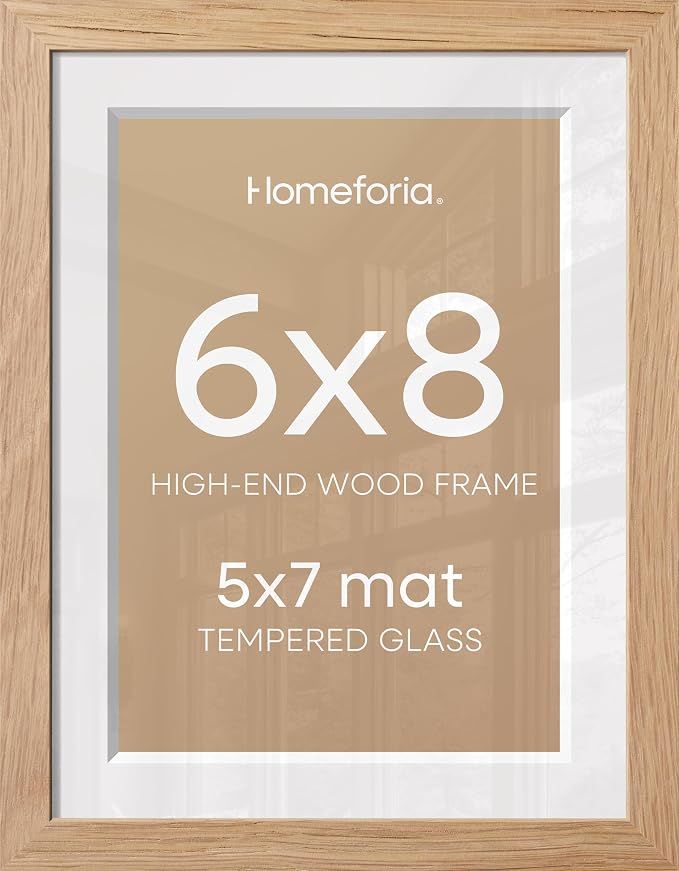 Homeforia 6x8 Picture Frame Natural Wood, High End Oak 6x8 Light Wooden Frames with Mat 5x7 for Photo, 6 x 8 Frame Matted to 5 x 7 Print, 8x6 Wall or Tabletop Frame, Tempered Glass, Wall Kit, Set of 3