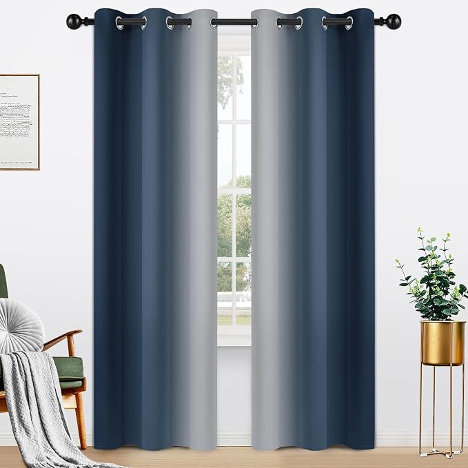 Yakamok Ombre Curtains Navy Blue and Greyish White for Living Room,42Wx84L | Room Darkening Curtains 84,Thermal Insulated Gradient Color Drape,Light Blocking Grommet Window Curtains for Bedroom,2 Panels