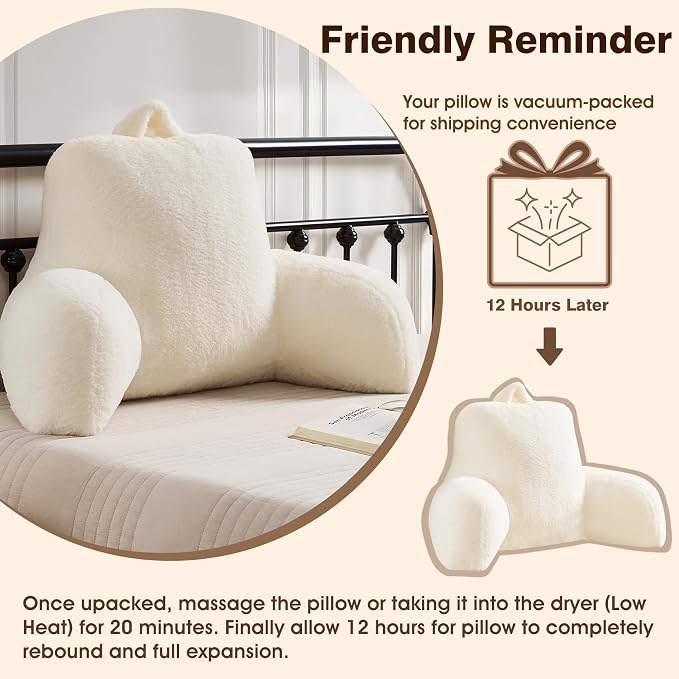 Faux Fur Reading Pillow for Bed/Couch/Floor/Dorm, Great Cozy Back Pillow for Bed Sitting Up, Fluffy Fur Bed Pillow for Sitting Up for Adults/Teens/Kids, Upgrade Back Support Pillow, Ivory