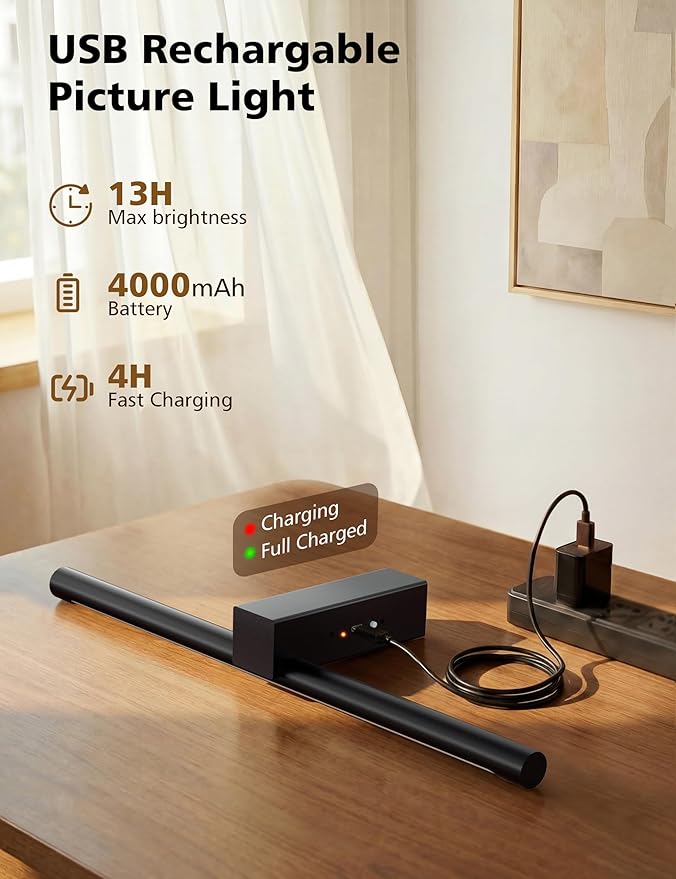 VOLISUN 15.7'' Picture Lights for Wall, 4000mAh Rechargable Picture Light Battery Operated, 3 Color Temperatures & Stepless Dimmable, 145LM Art Light for Paintings, Gallery, Portrait, 2 Pack (Black)