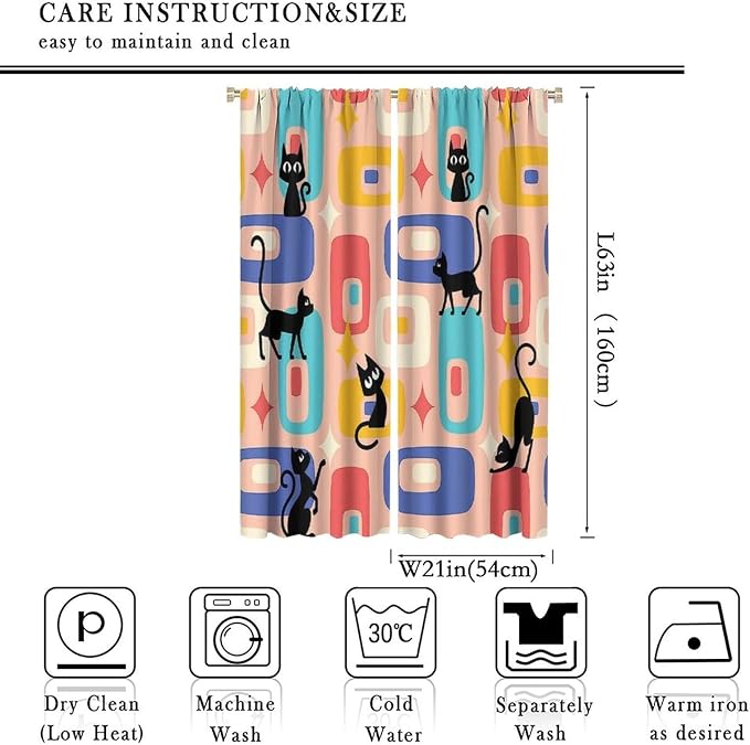 JESTRONRY Mid Century Style Curtains, Black Cat Modern Abstract Geometric 1950s 60s Vintage Colorful Blackout Rod Pocket Window Drapes for Living Room Bedroom Home Decor 42x63in