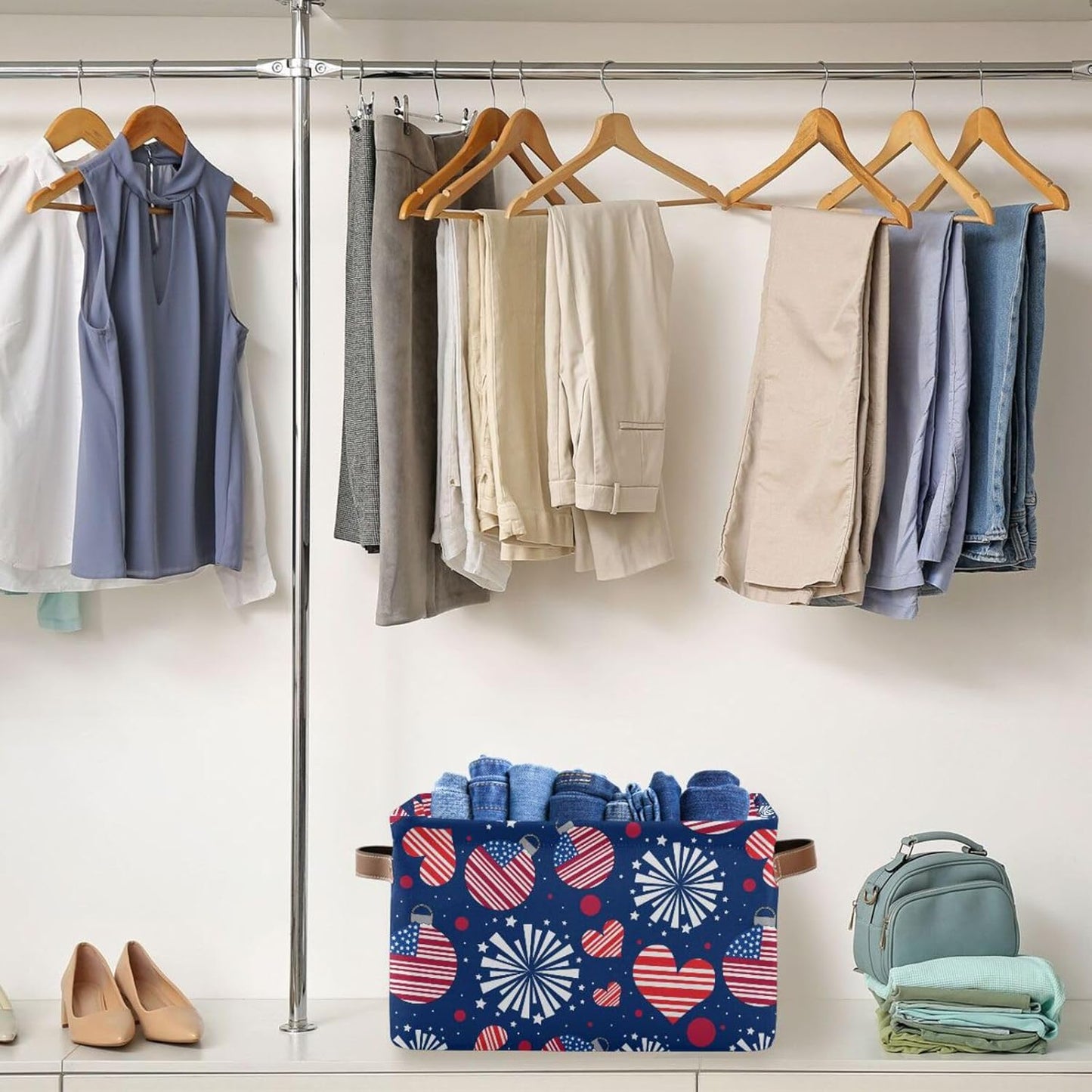 susiyo July 4th Storage Bins,2 PACK Storage Basket with Handles Large Foldable Fabric Collapsible Storage Bins Organizer Bag for Storage