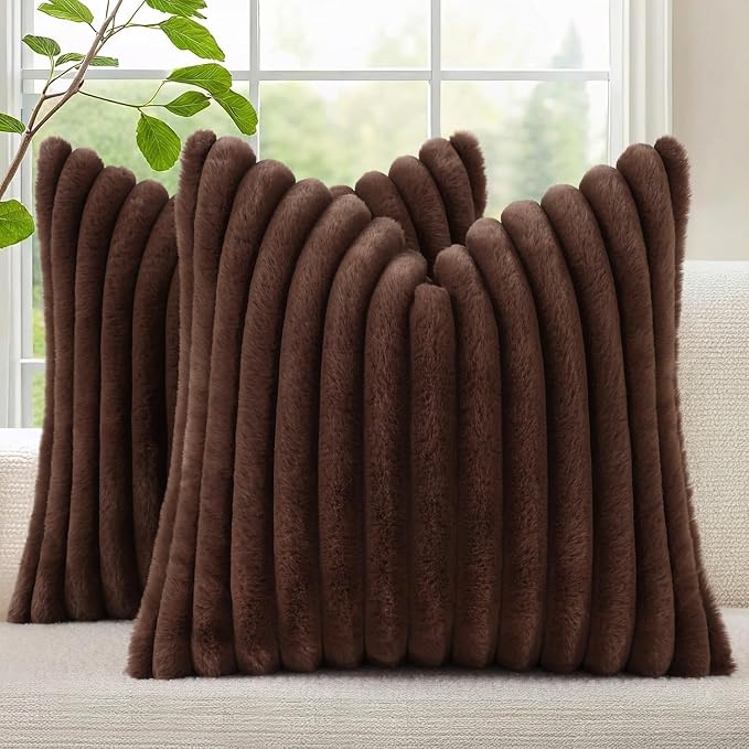 decorUhome Fall Cozy Faux Fur Throw Pillow Covers 20x20 Set of 2 Decorative Soft Plush Striped Modern Farmhouse Boho Couch Pillow Cases with Velvet Back for Sofa Bed Living Room, Dark Brown