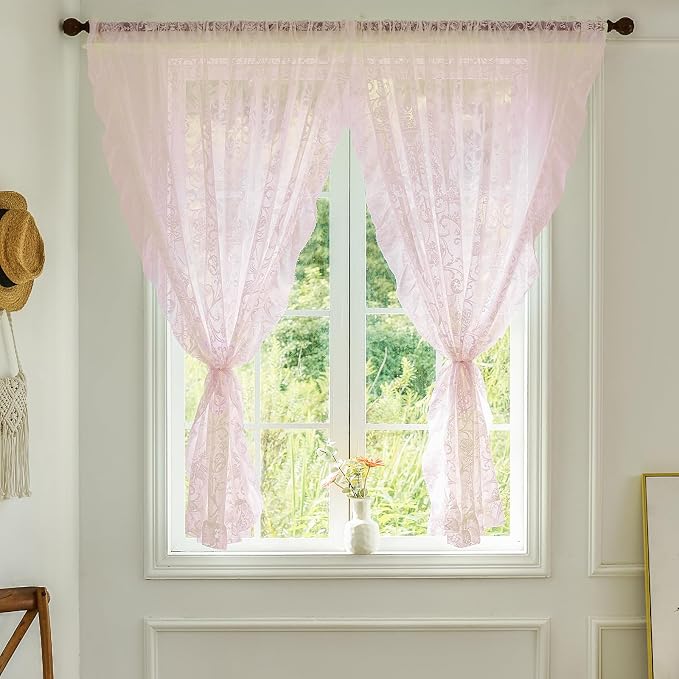 TUDECO Pink Kithen Curtains 45 Inch Length, Cute Girly Room Decor, Semi Sheer Light Pink Curtains, Floral Pattern&Ruffle Edegs, Romantic Spring Curtain, Rod Pocket Top, 59W x 45L Inch