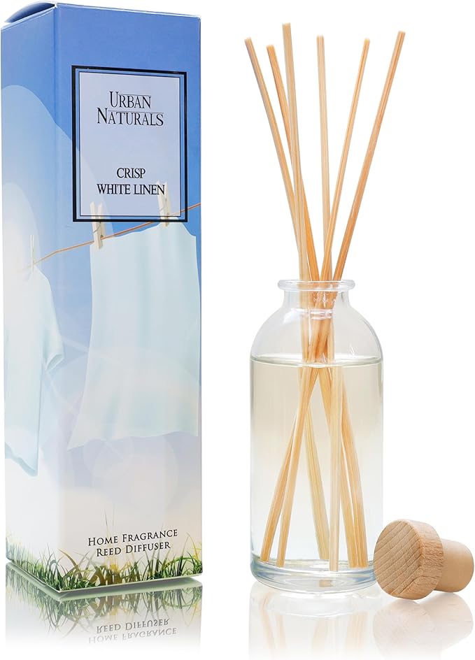 Urban Naturals Reed Diffuser Set, Crisp White Linen - Bathroom Shelf Décor | Citrus, Ozone, Ylang-Ylang, Lilies & Sandalwood Scent Notes for a Fresh, Clean Cotton Smelling Home, Made in the USA