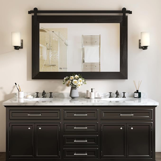 COGOOD Bathroom Mirrors for Over Sink - 41" x 30" Farmhouse Barn Door Mirror for Living Room, Entryway, Bedroom, Vanity Wall Decor Black